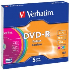 Диск DVD-R Verbatim 4.7Gb 16x Slim Color (5шт) (43557)