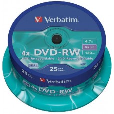 Диск DVD-RW Verbatim 4.7Gb 4x Cake Box (25шт) (43639)