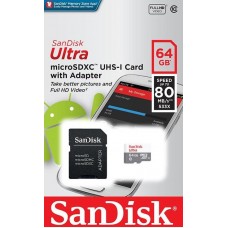 Карта памяти 64Gb MicroSD SanDisk Ultra Class 10 + адаптер (SDSQUNS-064G-GN6TA)