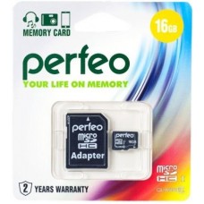 Карта памяти 16Gb MicroSD Perfeo Class 10 microSDHC + SD adapter (PF16GMCSH10A)