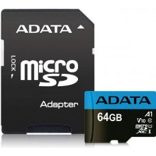 Карта памяти 64Gb MicroSD ADATA Premier Class 10 UHS-I + адаптер (AUSDX64GUICL10A1-RA1)